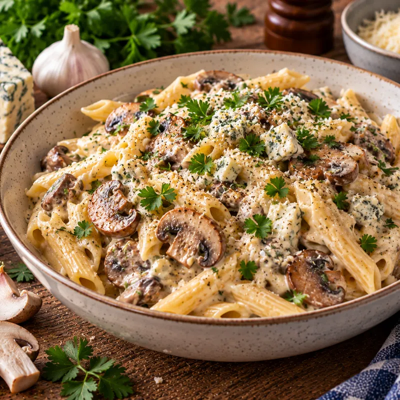 Pasta med champinjoner och ädelostsås