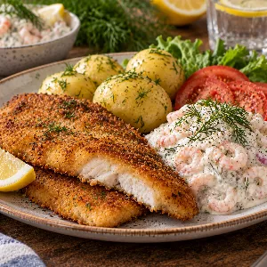 Panerad hajmal (pangasius) med räkskagen