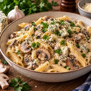 Pasta med champinjoner och ädelostsås